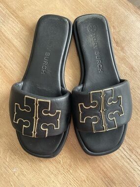 Tory Burch Double-T Monogram Padded Leather Slide Sandals size 8